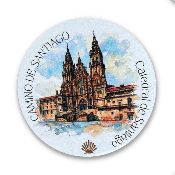 Camino de Santiago vinyl sticker showing the Cathedral of Santiago de Compostela, on a white background