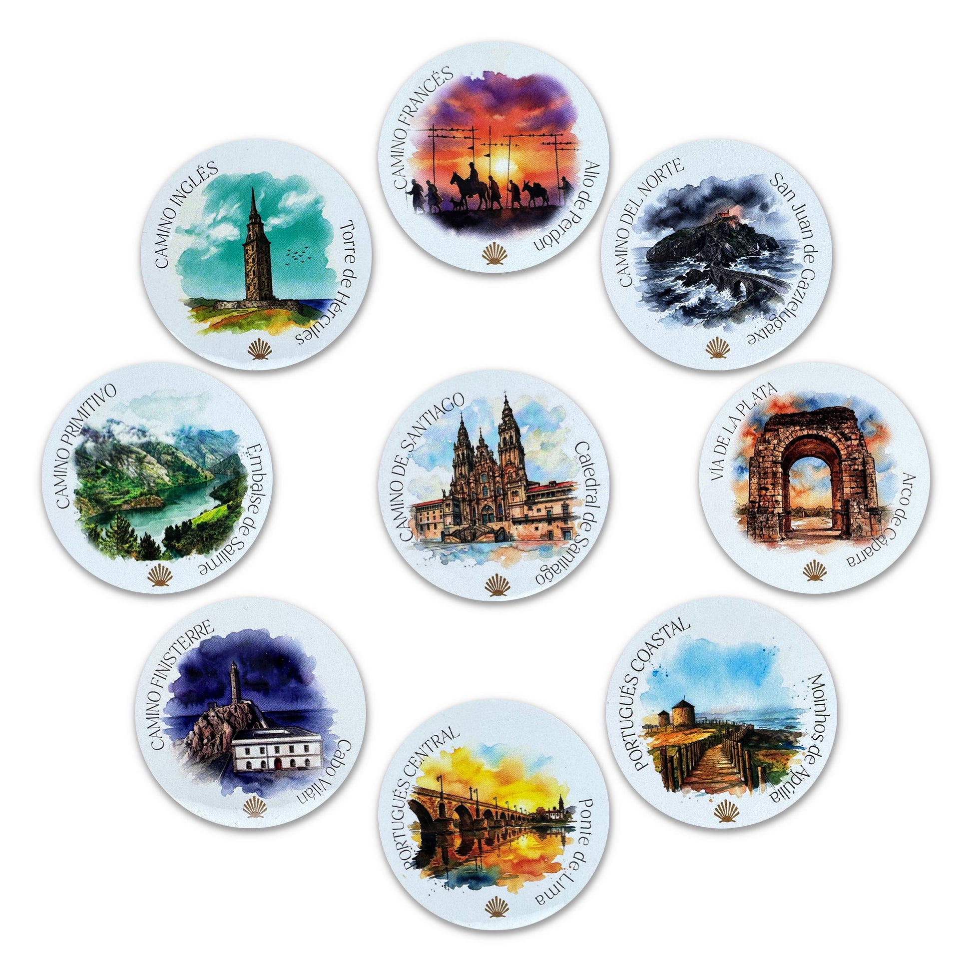Nine scenic Camino de Santiago watercolor vinyl stickers on a white background