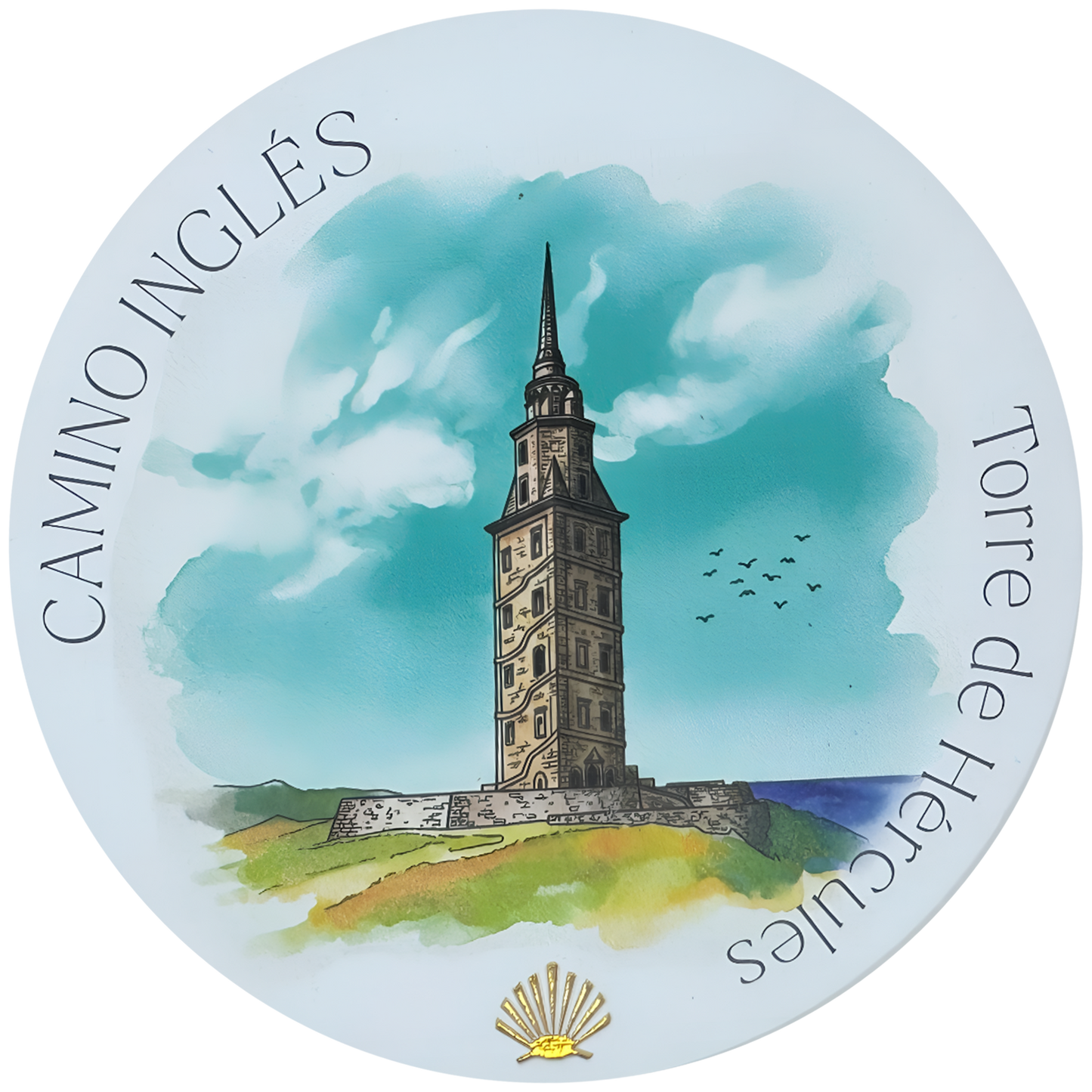 Camino Inglés ceramic drink coaster featuring Torre de Hércules watercolor with gold foil scallop shell accent