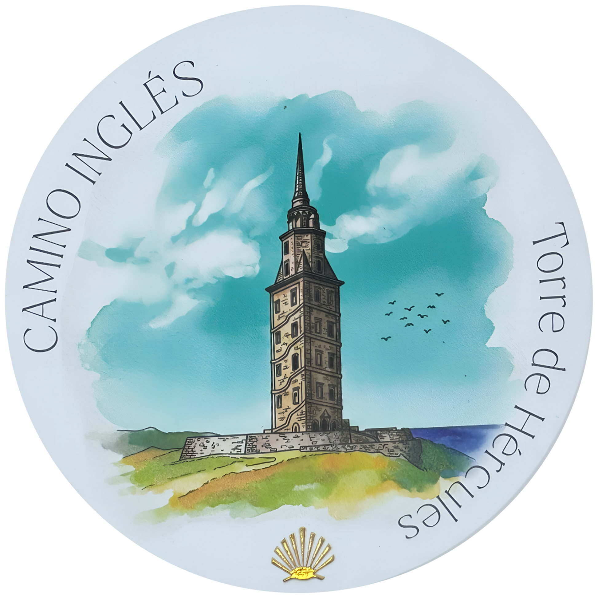 Camino Inglés ceramic drink coaster featuring Torre de Hércules watercolor with gold foil scallop shell accent