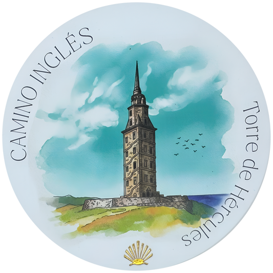 Camino Inglés ceramic drink coaster featuring Torre de Hércules watercolor with gold foil scallop shell accent