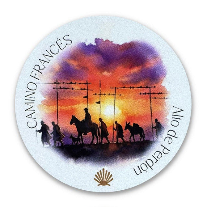 Camino Francés vinyl sticker showing Alto del Perdón with a sunset backdrop, on a white background