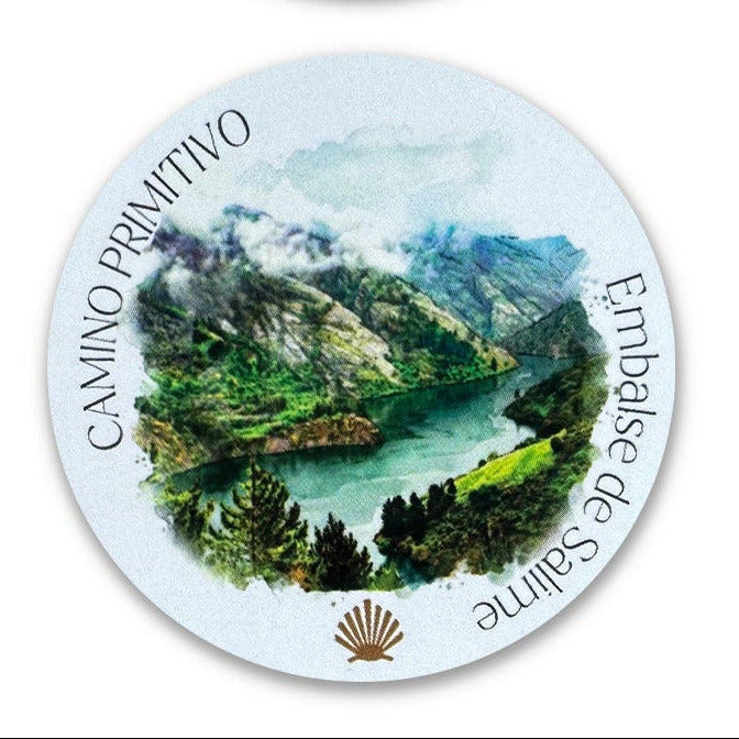 Camino Primitivo vinyl sticker showing the Embalse de Salime reservoir, on a white background