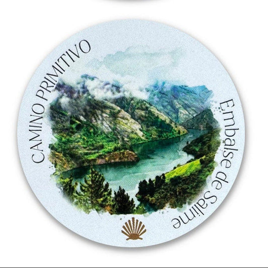 Camino Primitivo vinyl sticker showing the Embalse de Salime reservoir, on a white background