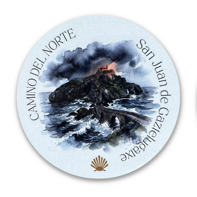 Camino del Norte vinyl sticker showing San Juan de Gaztelugatxe under a stormy sky, on a white background