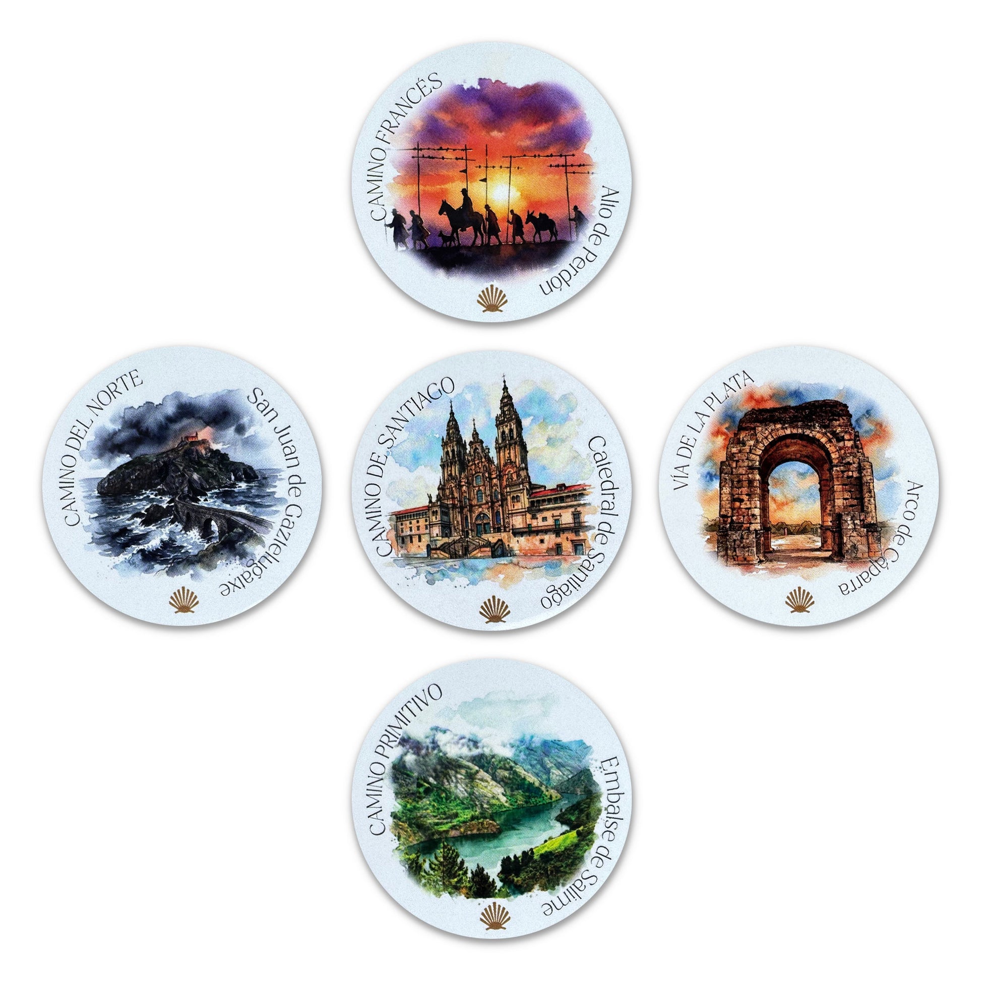 Five scenic Camino de Santiago watercolor vinyl stickers on a white background