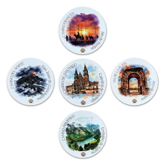 Five scenic Camino de Santiago watercolor vinyl stickers on a white background