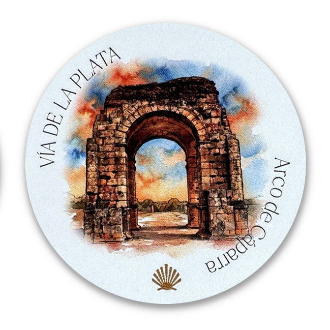 Vía de la Plata vinyl sticker showing the Arco de Cáparra Roman arch, on a white background