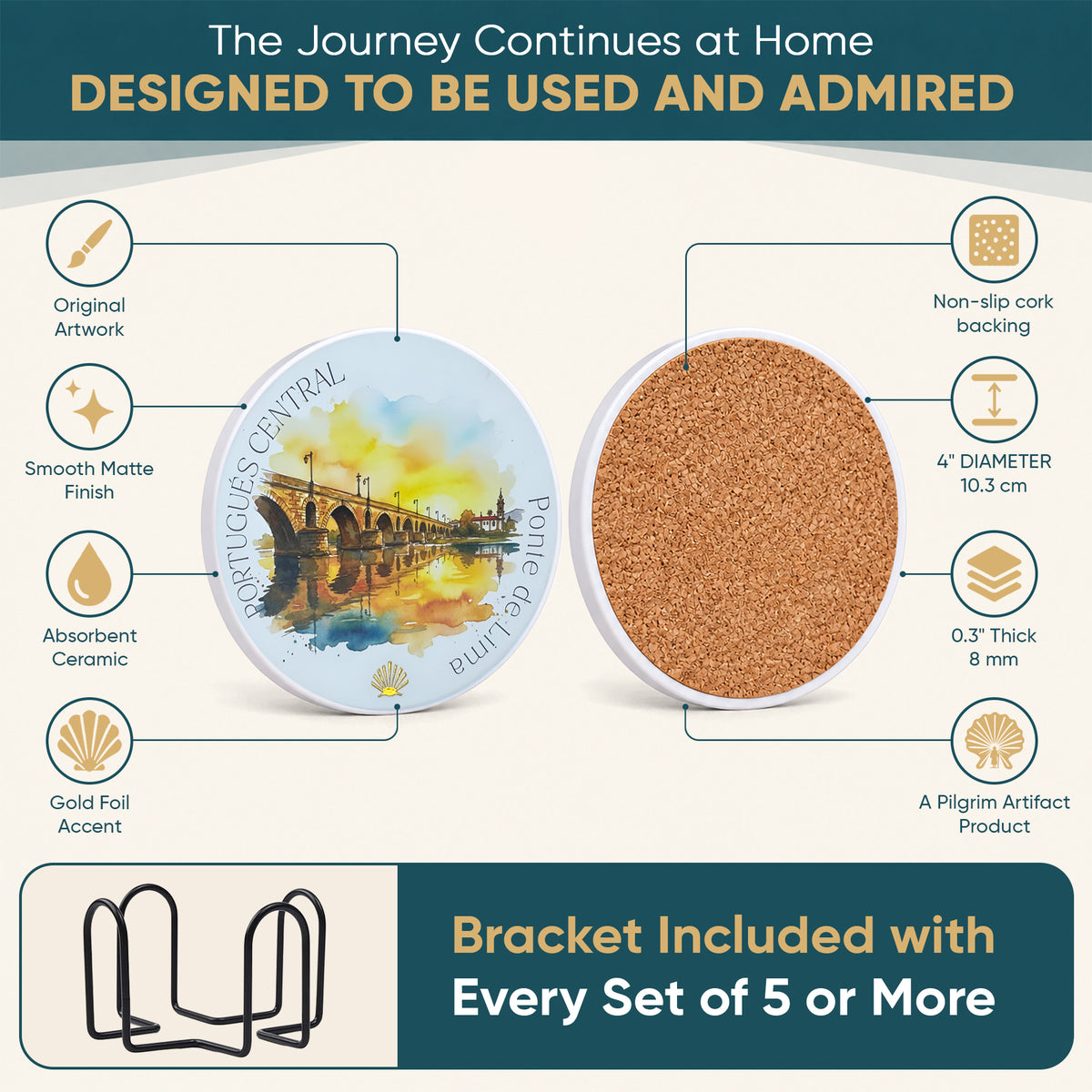 Pilgrim Artifact ceramic Camino de Santiago route coaster features infographic showing original artwork, smooth matte finish, absorbent ceramic, gold foil accent, non-slip cork backing, 4 inch diameter, 0.3 inch thickness, with bracket included with every set of 5 or more