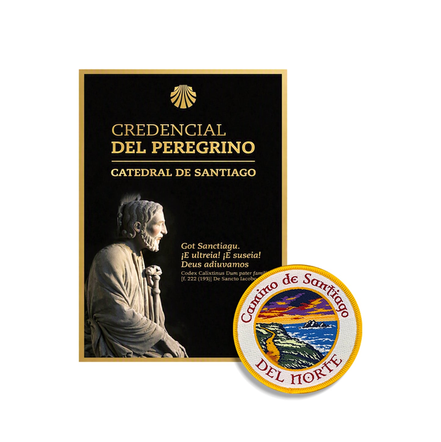 Credencial del Peregrino from the Cathedral of Santiago beside a woven Camino del Norte patch featuring the dramatic sea cliffs of the Bay of Biscay, Camino de Santiago gift bundle
