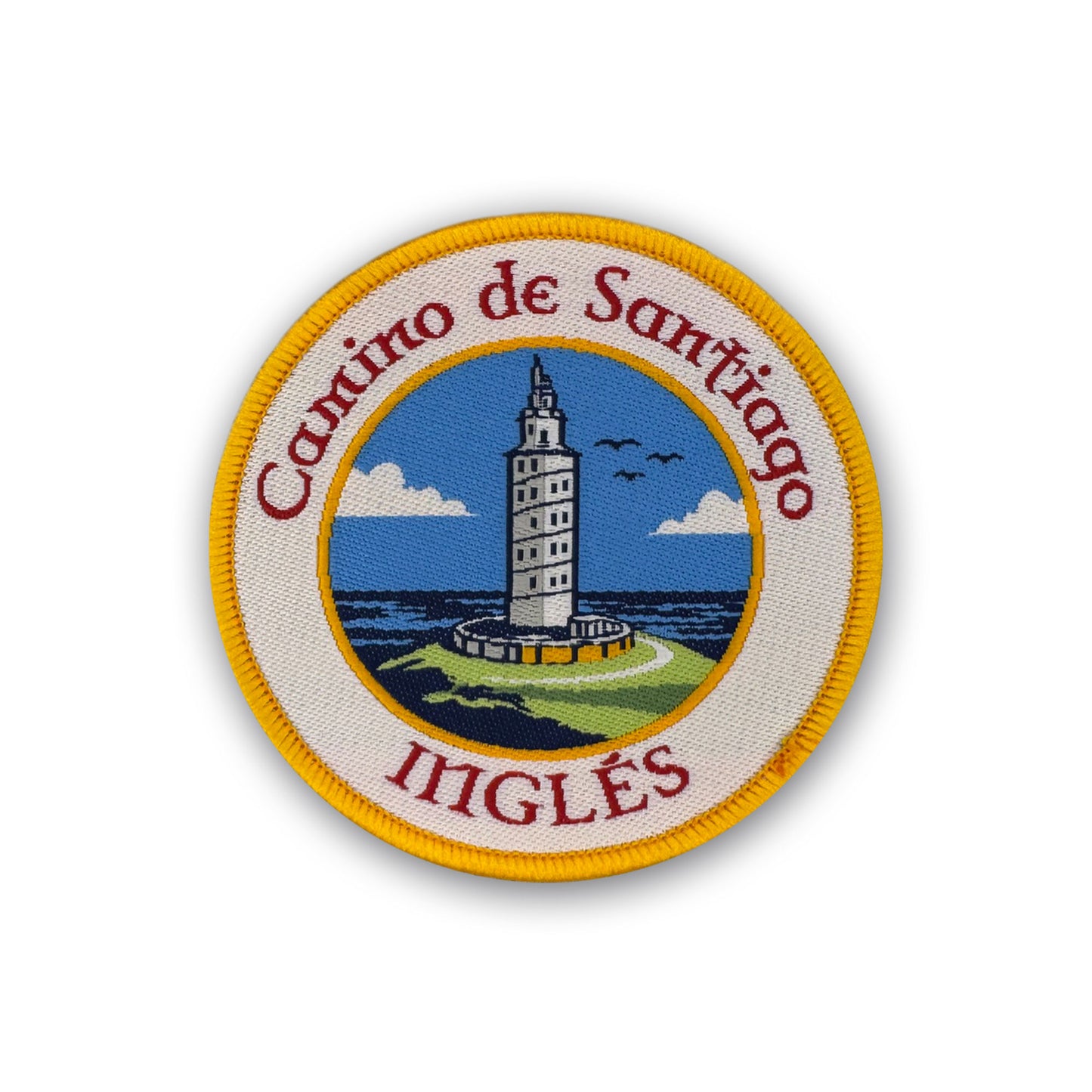 Camino Inglés patch showing Torre de Hércules on white background