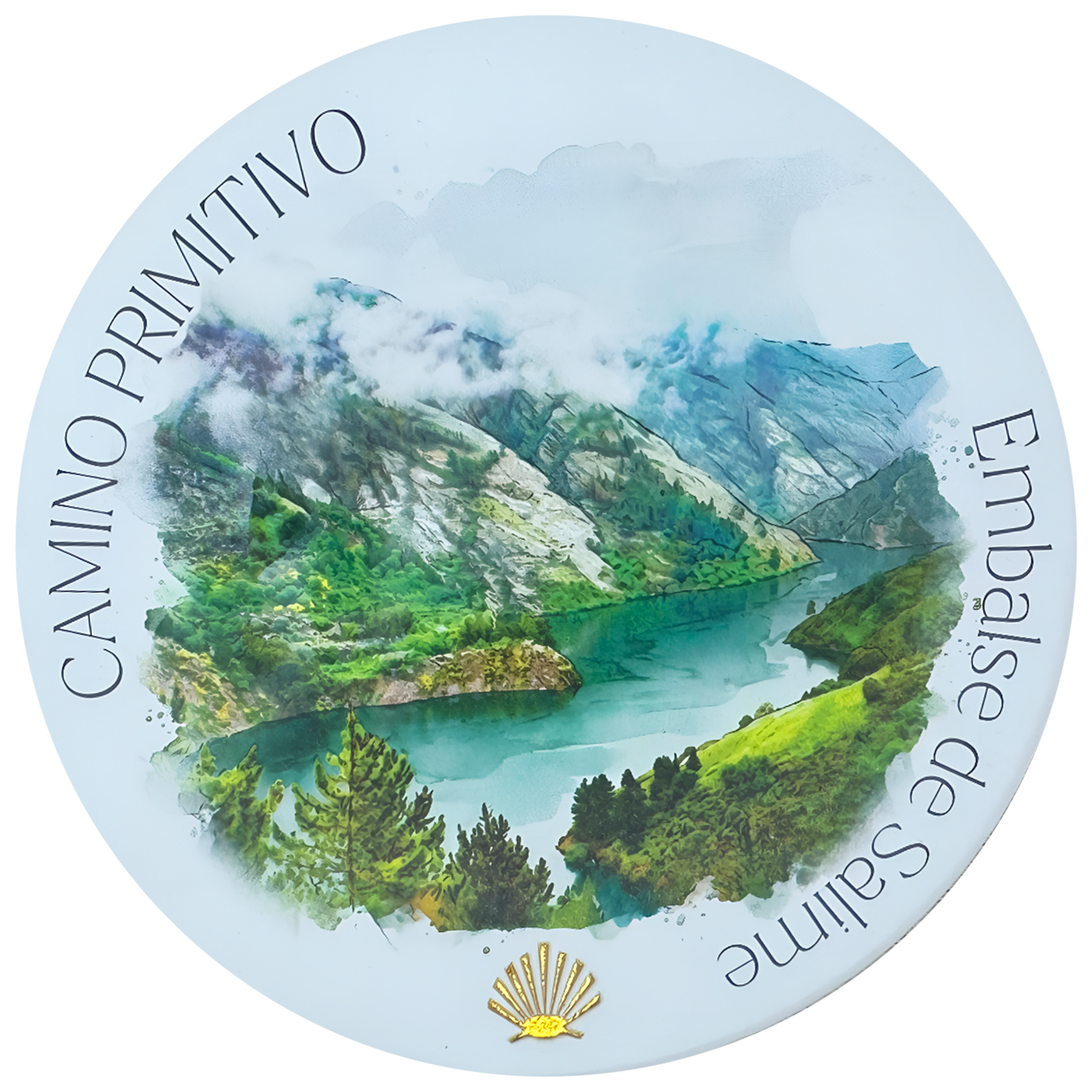 Camino Primitivo ceramic drink coaster featuring Embalse de Salime watercolor with gold foil scallop shell accent