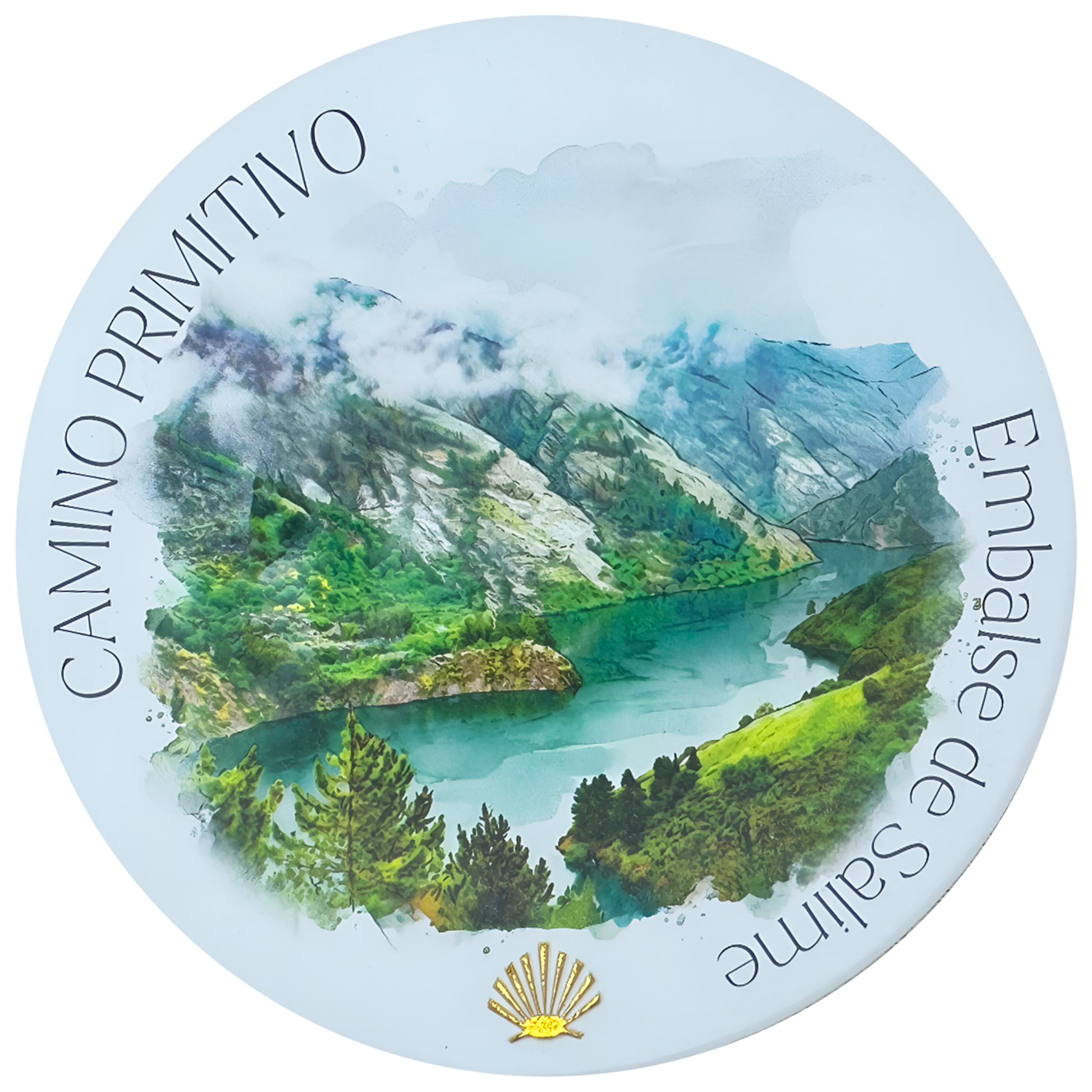 Camino Primitivo ceramic drink coaster featuring Embalse de Salime watercolor with gold foil scallop shell accent