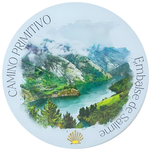 Camino Primitivo ceramic drink coaster featuring Embalse de Salime watercolor with gold foil scallop shell accent