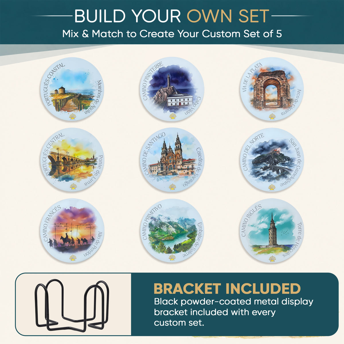 Build Your Own Camino de Santiago ceramic coaster set — nine route designs to mix and match, with black or gold powder-coated metal display bracket included 