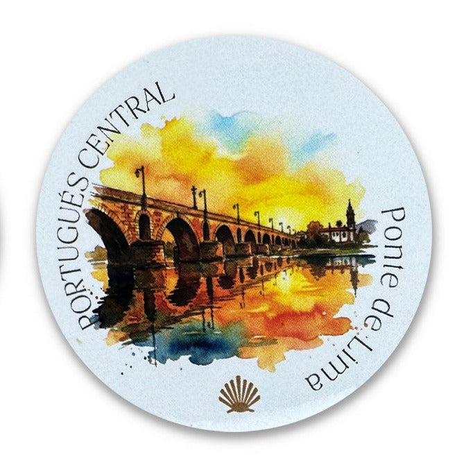 Camino Portugués Central vinyl sticker showing the Ponte de Lima bridge on a white background