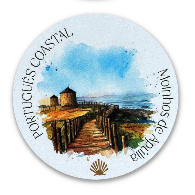 Camino Portugués Coastal vinyl sticker showing a boardwalk along the ocean with windmills in the distance, on a white background 