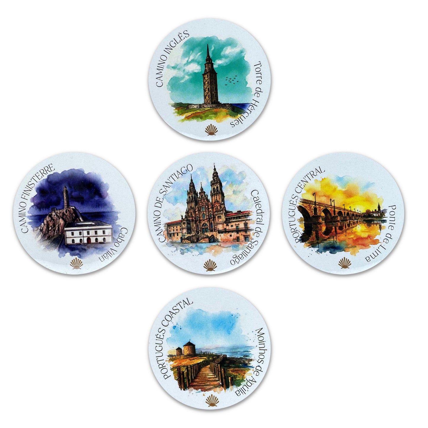 Five scenic Camino de Santiago watercolor vinyl stickers on a white background