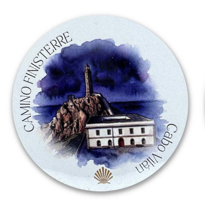 Camino Finisterre vinyl sticker showing the Cabo Vilán lighthouse, on a white background