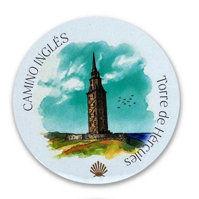 Camino Inglés vinyl sticker showing the Torre de Hércules lighthouse, on a white background