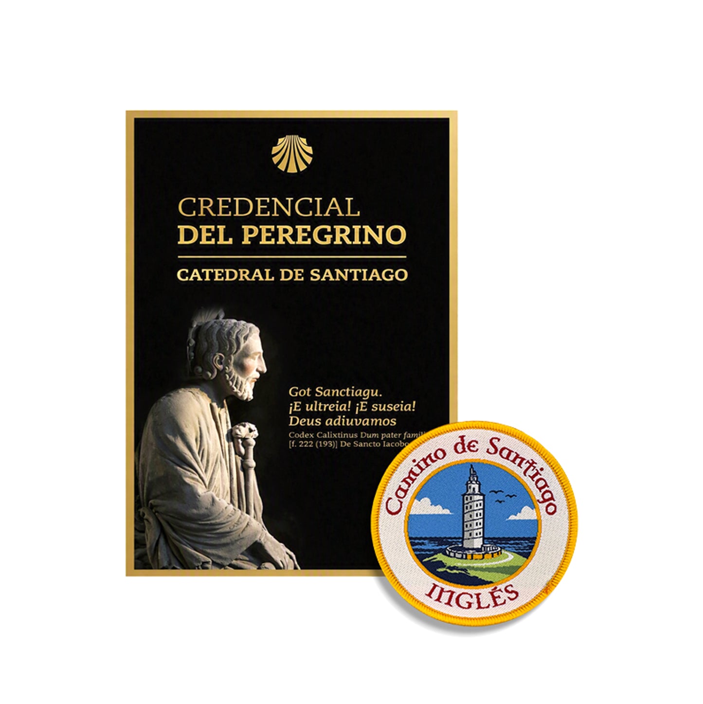Credencial del Peregrino from the Cathedral of Santiago beside a woven Camino Inglés patch, Camino de Santiago gift bundle