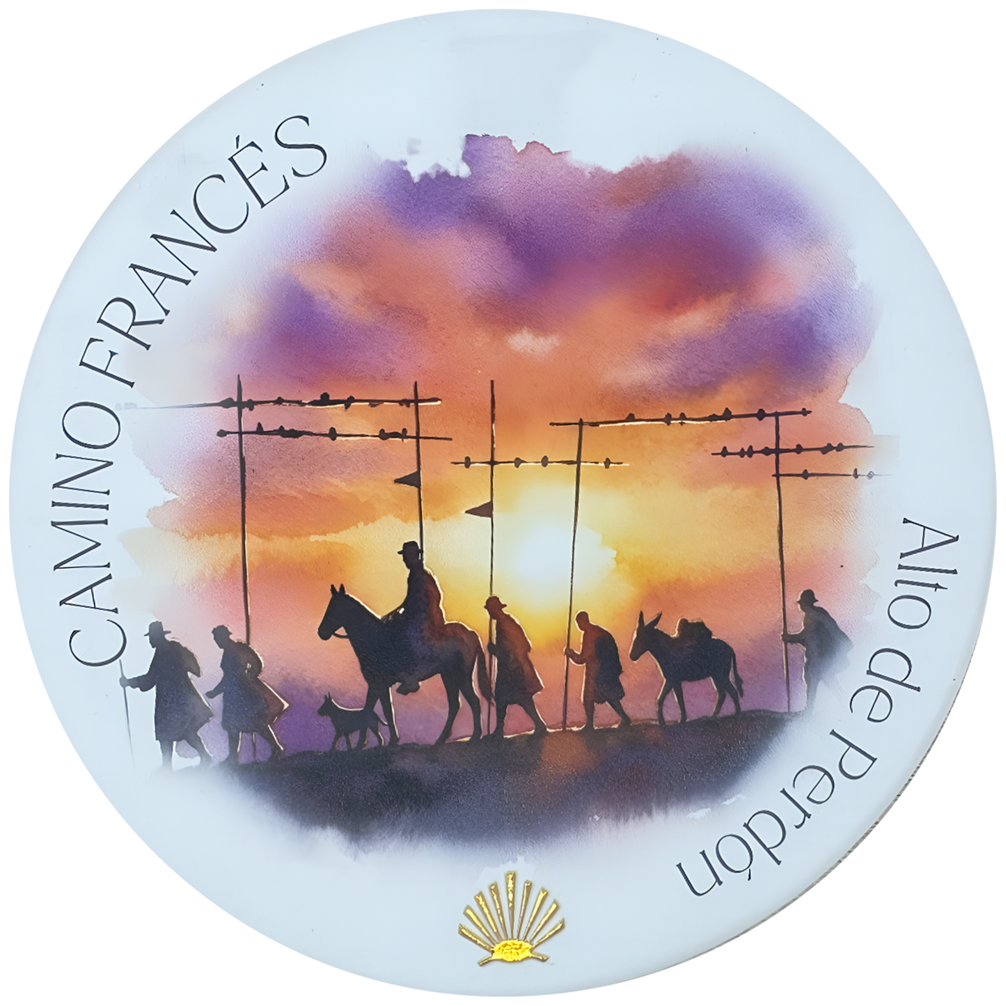 Camino Francés ceramic drink coaster featuring Alto de Perdón pilgrim silhouette watercolor with gold foil scallop shell accent 