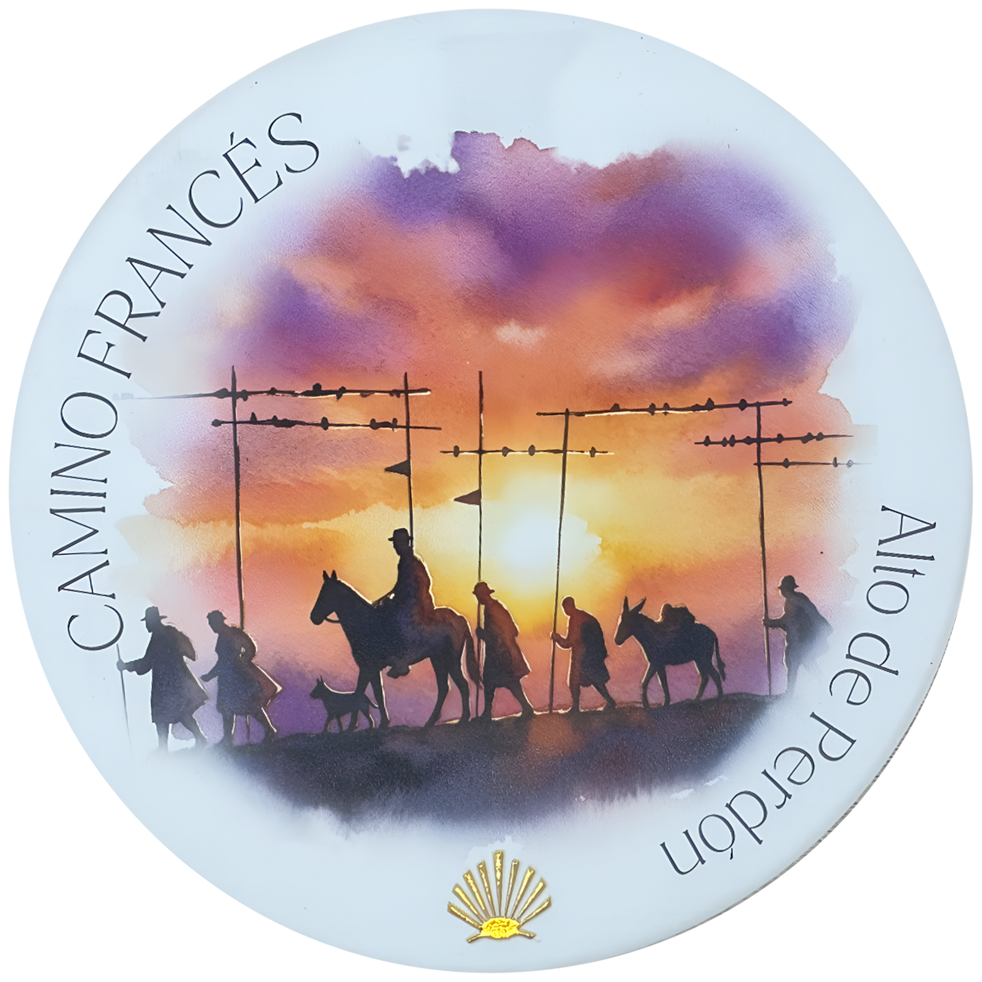 Camino Francés ceramic drink coaster featuring Alto de Perdón pilgrim silhouette watercolor with gold foil scallop shell accent 