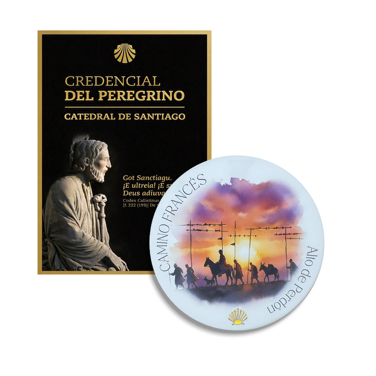 Camino Francés ceramic coaster and official Pilgrim Credential bundle — Alto de Perdón pilgrim silhouette design with gold foil scallop shell against a vibrant watercolor sunset