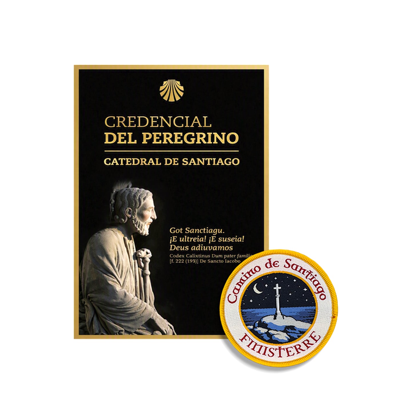 Credencial del Peregrino from the Cathedral of Santiago beside a woven Camino Finisterre patch featuring the Atlantic cliffs at the Edge of the World, Camino de Santiago gift bundle