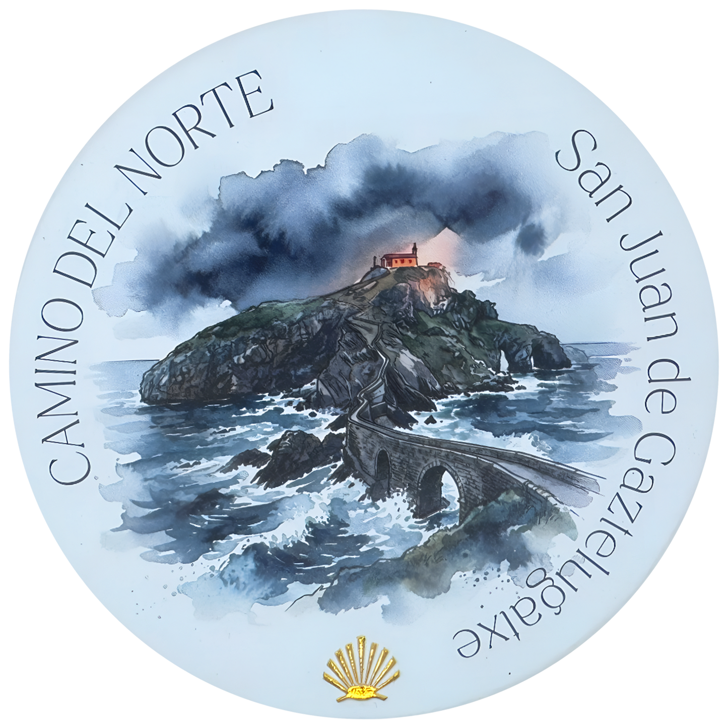 Camino del Norte ceramic drink coaster featuring San Juan de Gaztelugatxe watercolor with gold foil scallop shell accent