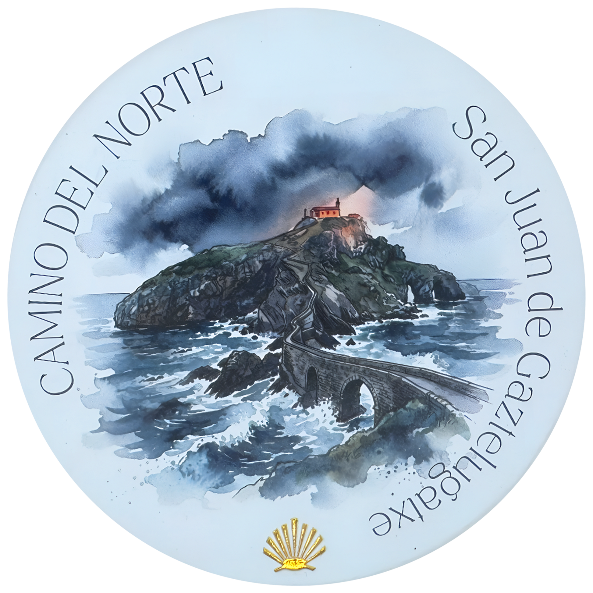 Camino del Norte ceramic drink coaster featuring San Juan de Gaztelugatxe watercolor with gold foil scallop shell accent