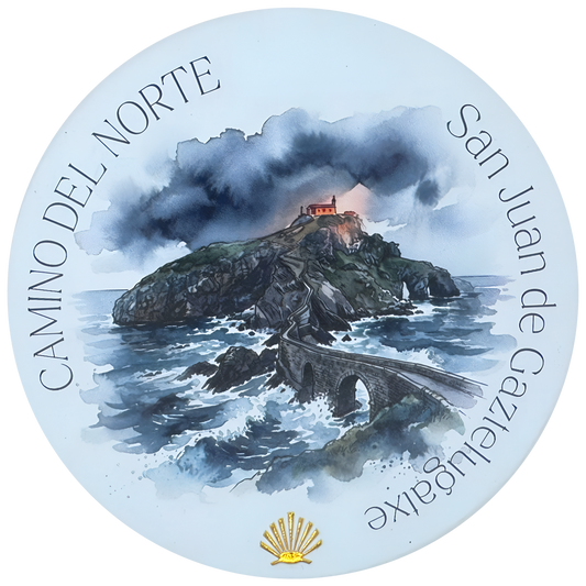 Camino del Norte ceramic drink coaster featuring San Juan de Gaztelugatxe watercolor with gold foil scallop shell accent