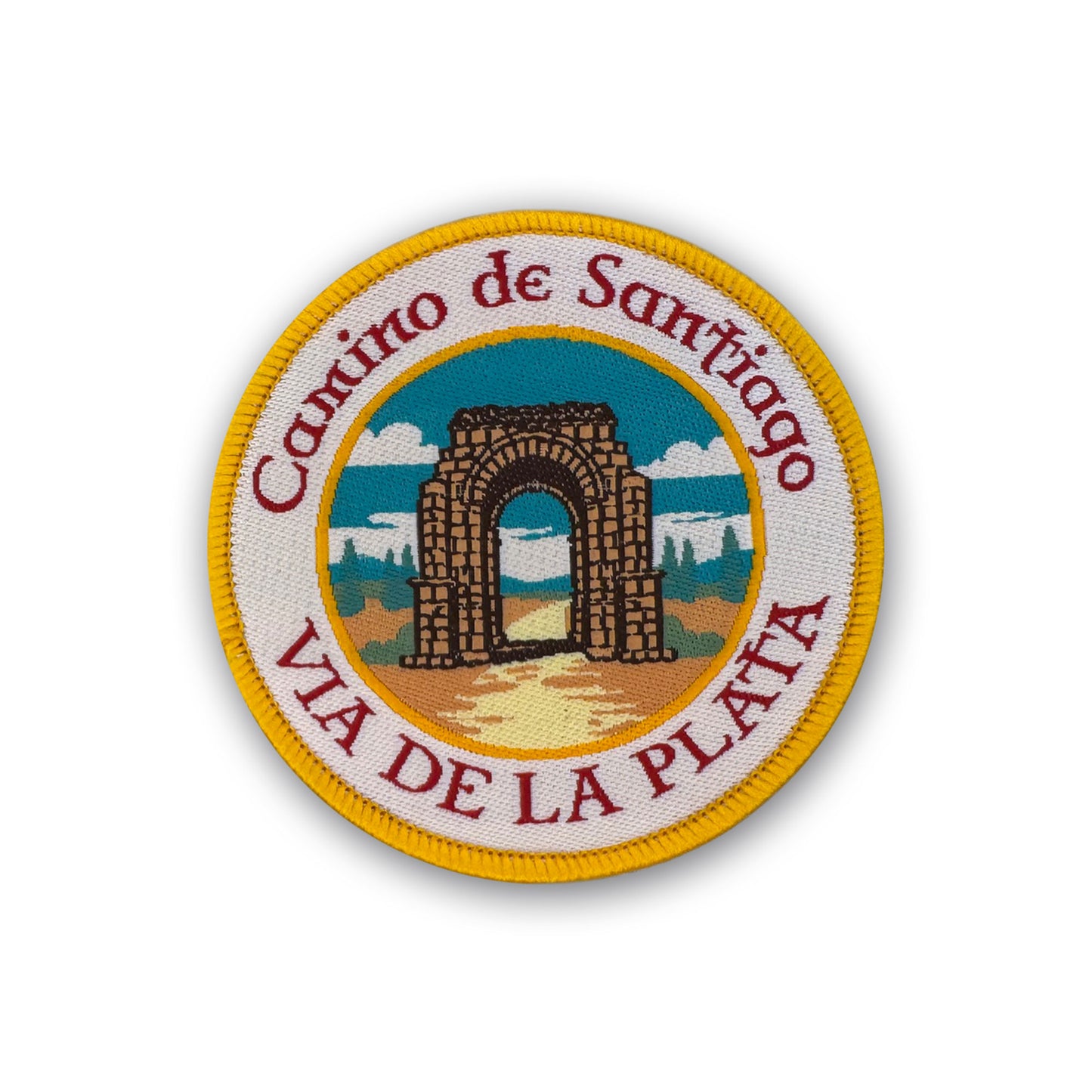 Vía de la Plata patch showing Roman Arch of Cáparra on white background