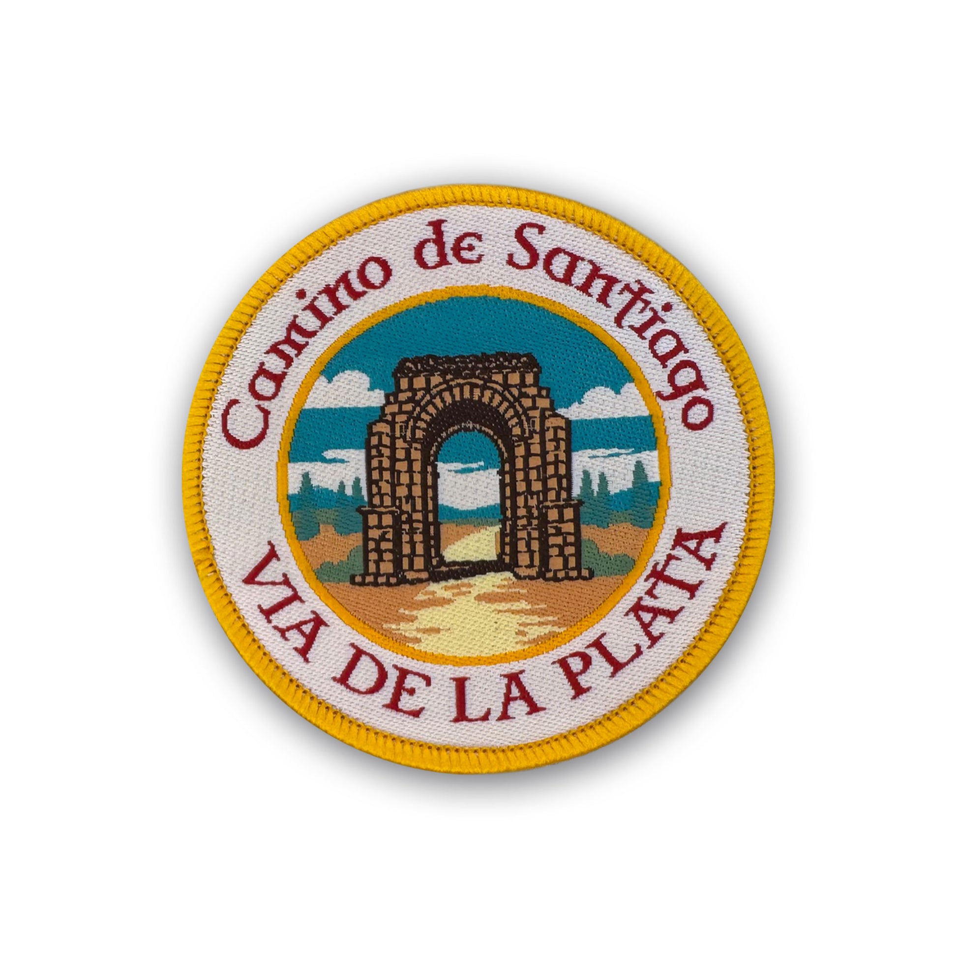 Vía de la Plata patch showing Roman Arch of Cáparra on white background