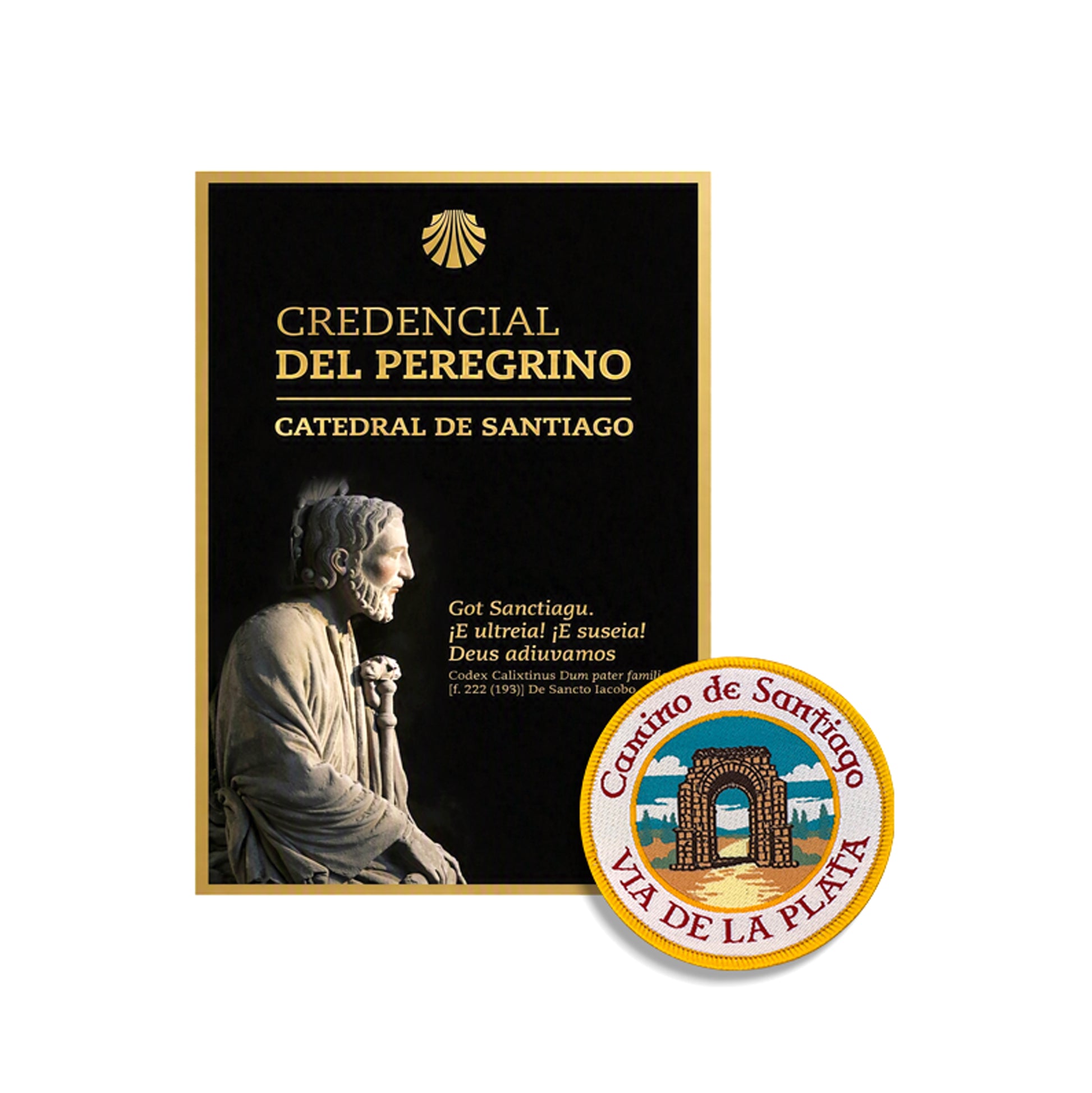 Credencial del Peregrino from the Cathedral of Santiago beside a woven Vía de la Plata patch featuring the Roman Arch of Cáparra, Camino de Santiago gift bundle