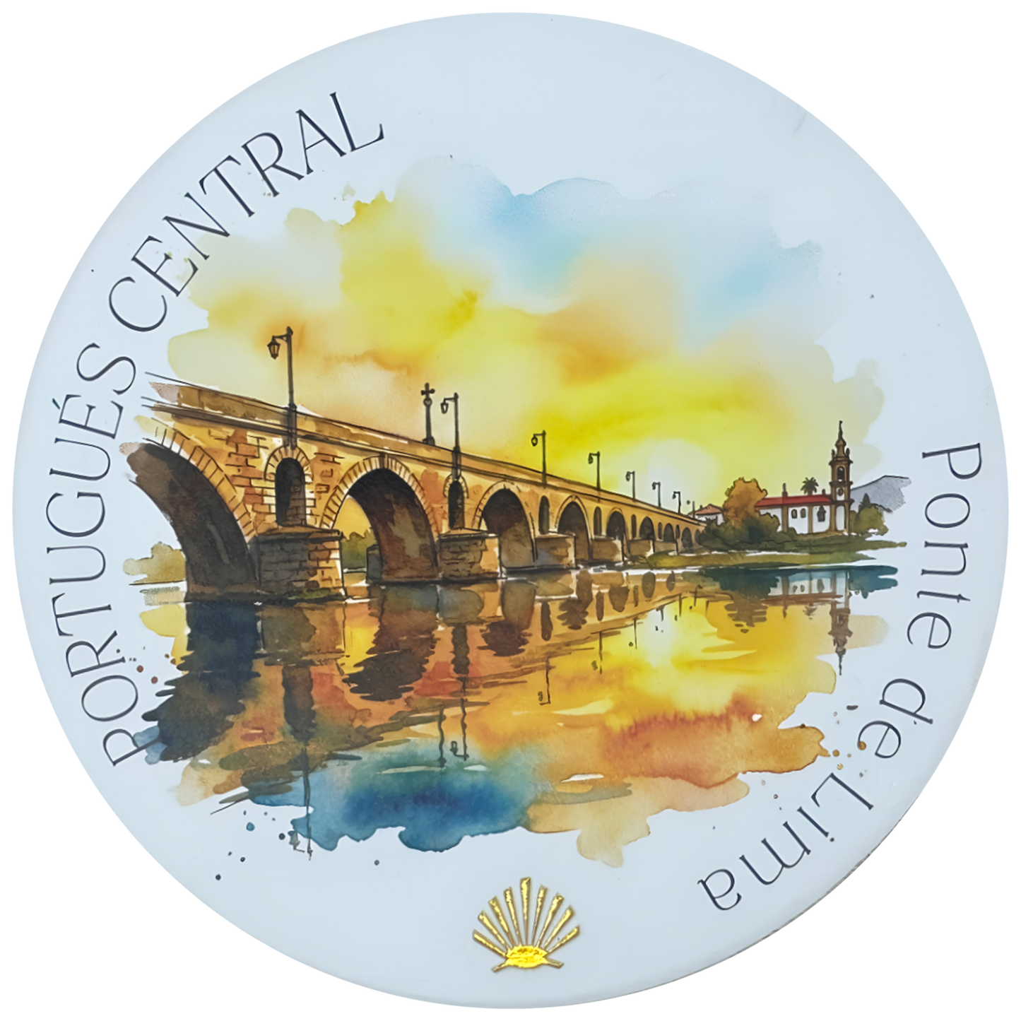 Camino Portugués Central ceramic drink coaster featuring Ponte de Lima watercolor with gold foil scallop shell accent