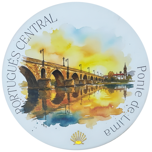 Camino Portugués Central ceramic drink coaster featuring Ponte de Lima watercolor with gold foil scallop shell accent