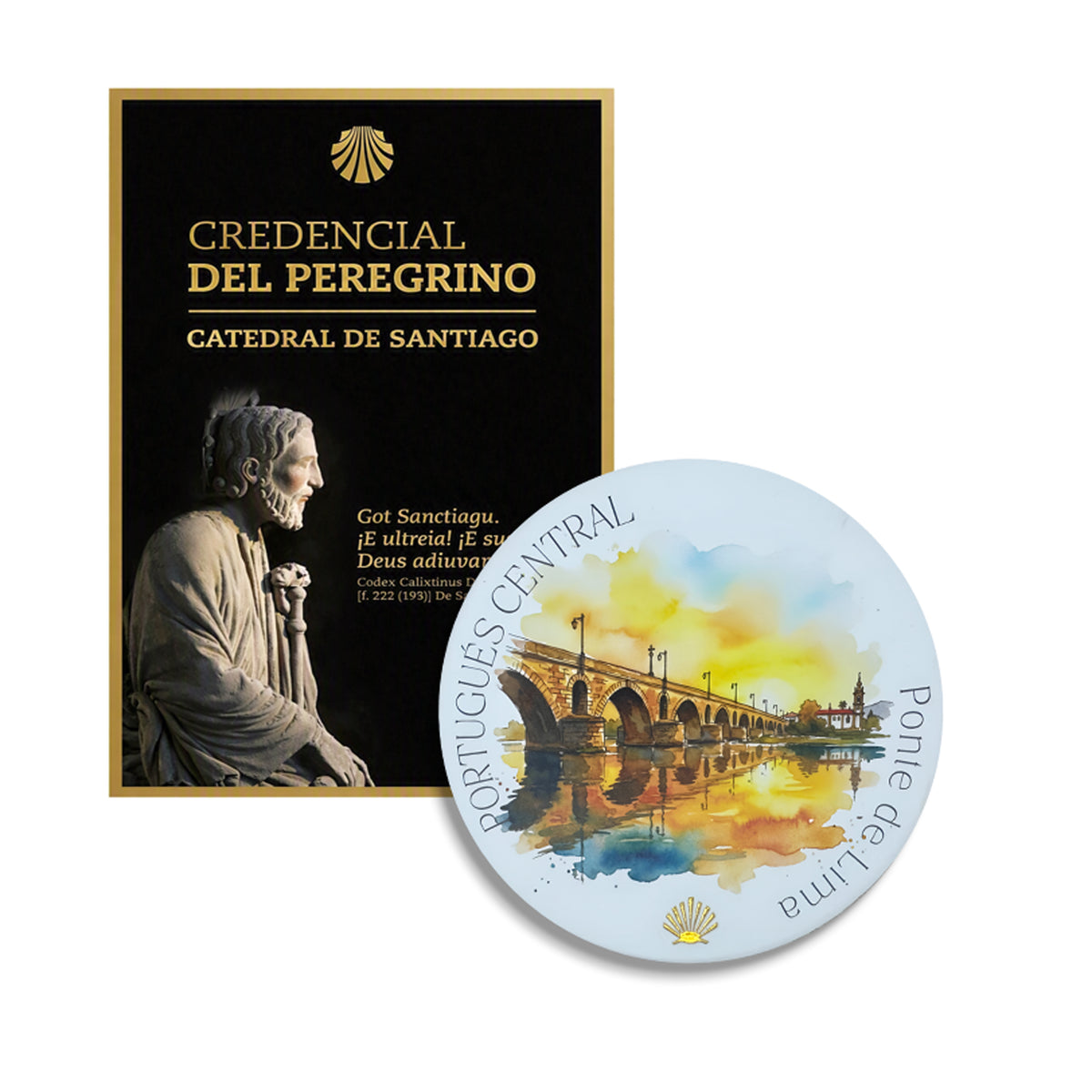 Camino Portugués Central ceramic coaster and official Pilgrim Credential bundle — Ponte de Lima roman-gothic bridge design with gold foil scallop shell against a warm watercolor sky