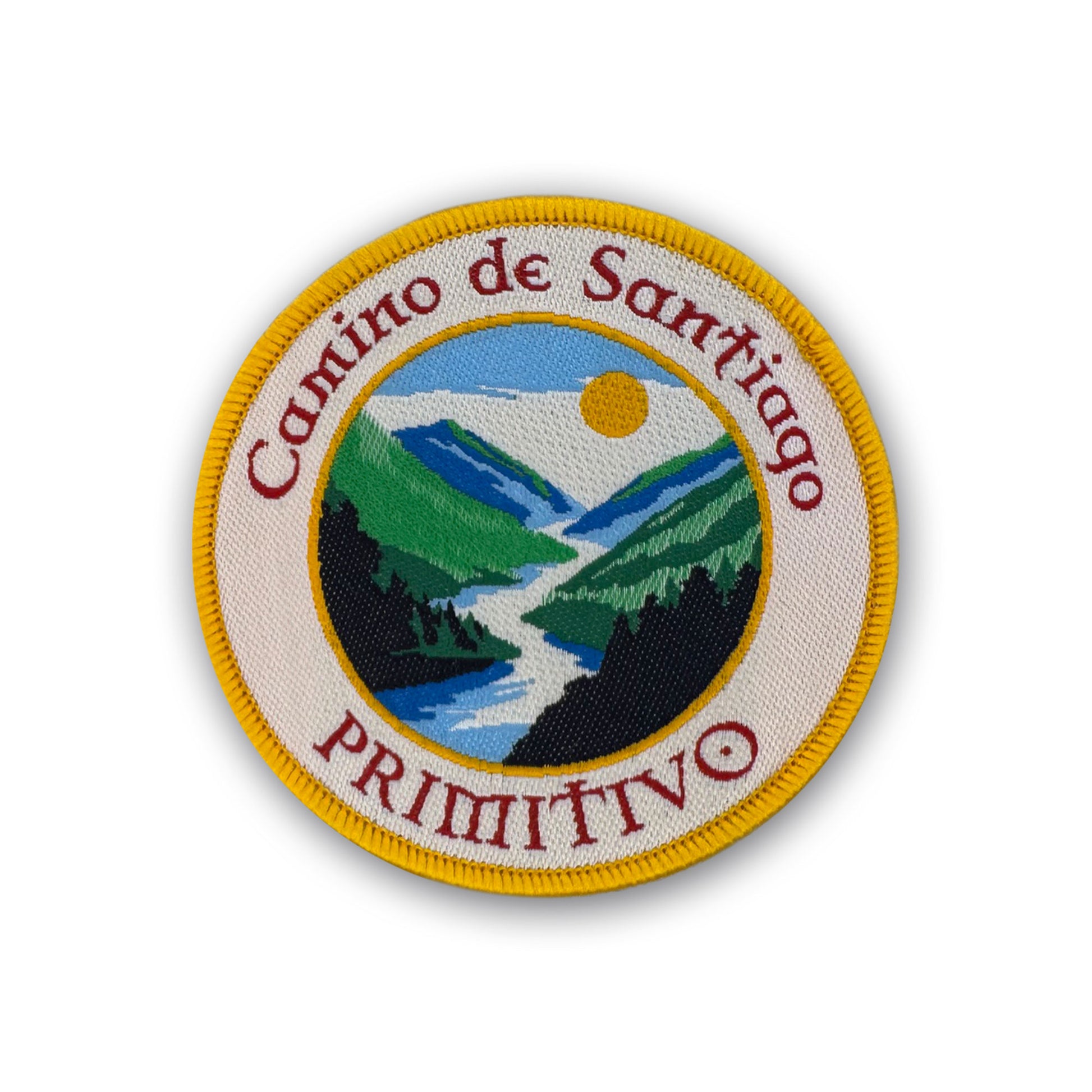 Camino Primitivo patch showing Embalse de Salime on white background