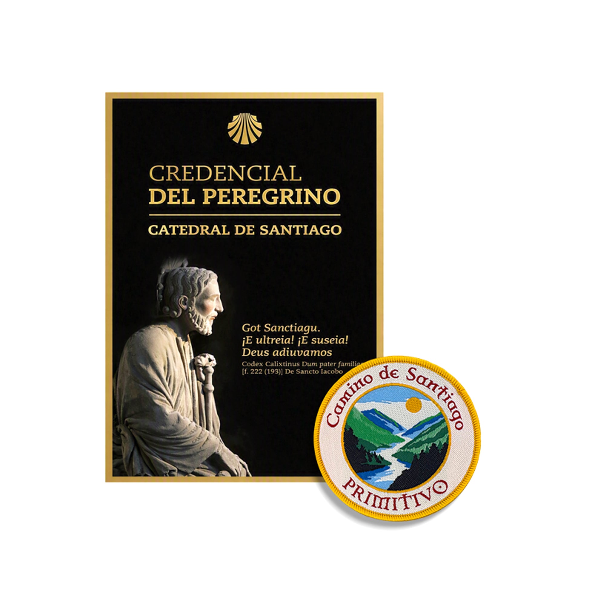 Credencial del Peregrino from the Cathedral of Santiago beside a woven Camino Primitivo patch featuring the Embalse de Salime, Camino de Santiago gift bundle