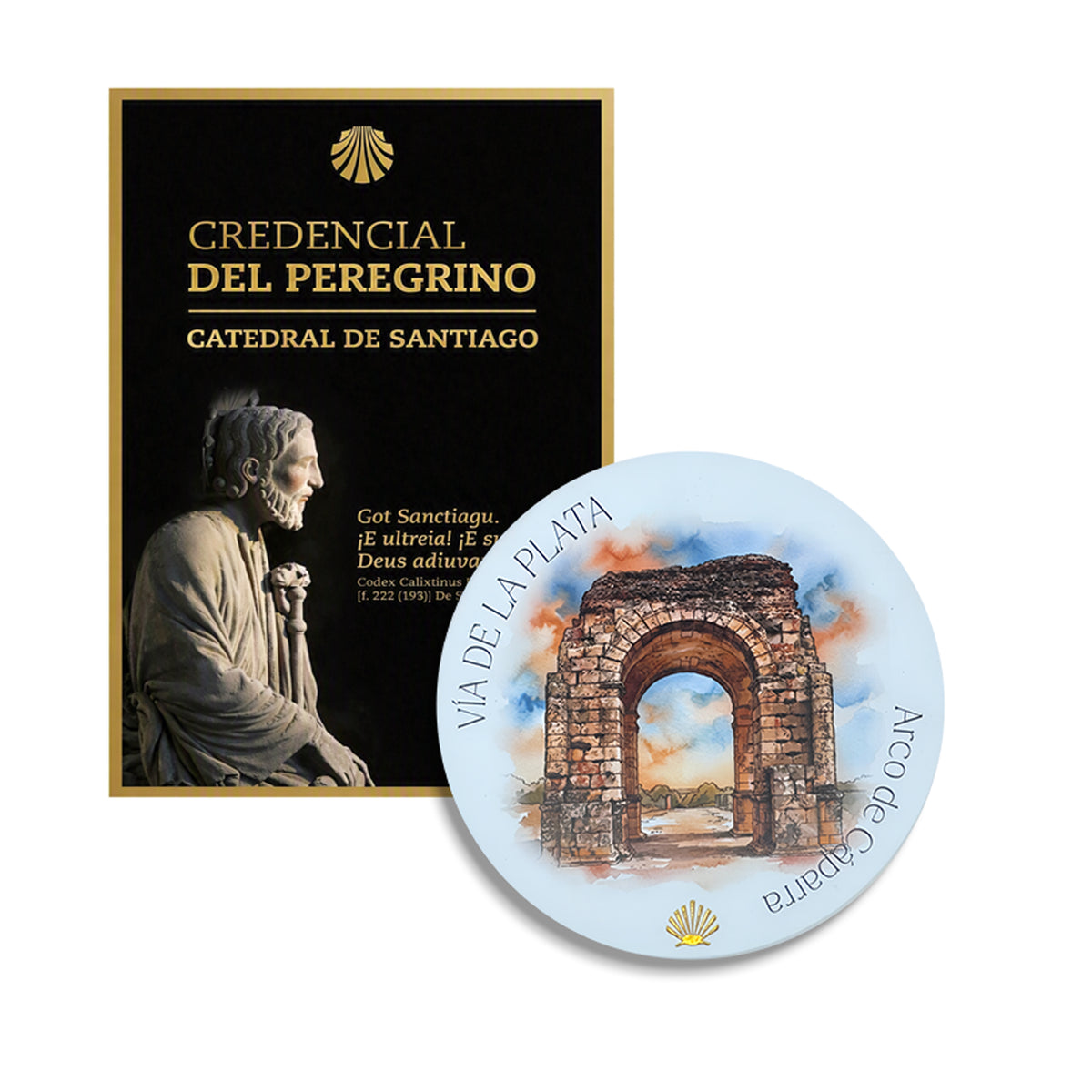 Vía de la Plata ceramic coaster and official Pilgrim Credential bundle — ancient Roman arch framing sun-drenched Extremadura plains beneath a warm golden watercolor sky, with gold scallop shell