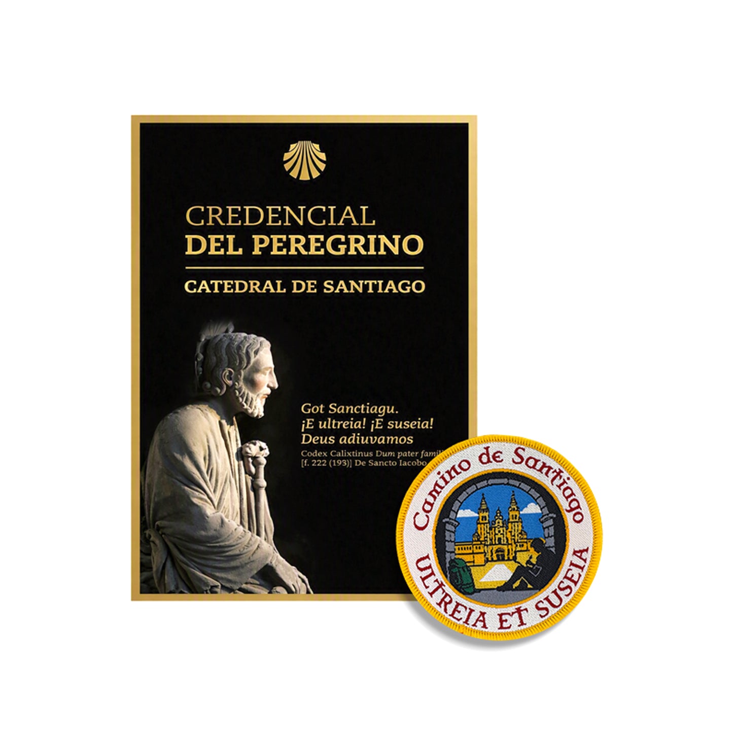 Credencial del Peregrino from the Cathedral of Santiago beside a woven Ultreia et Suseia patch featuring the Plaza del Obradoiro, Camino de Santiago gift bundle