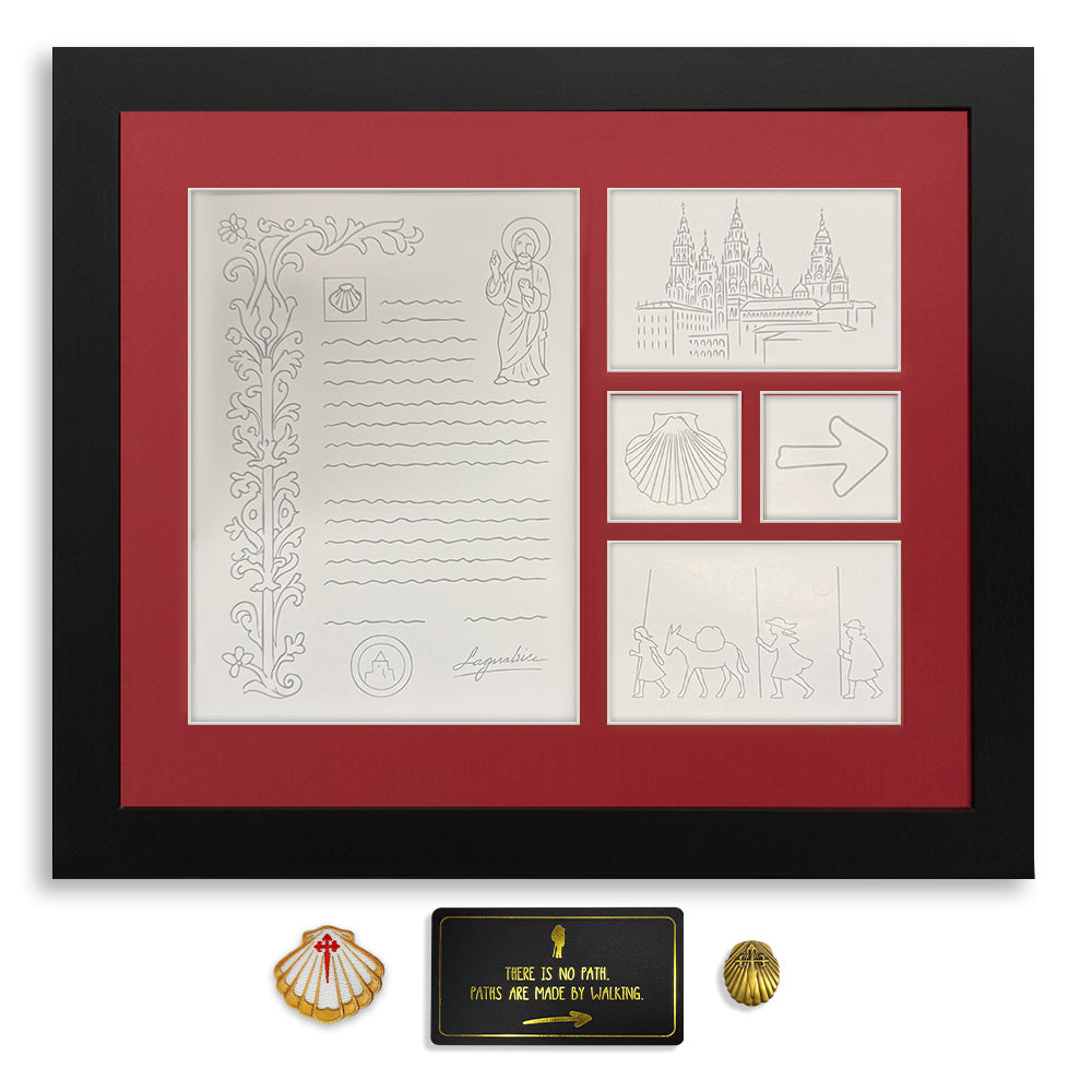 Pilgrim Artifact Compostela frame with included mementos on white background
