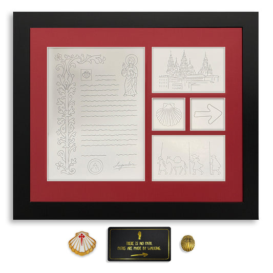 Pilgrim Artifact Compostela frame with included mementos on white background