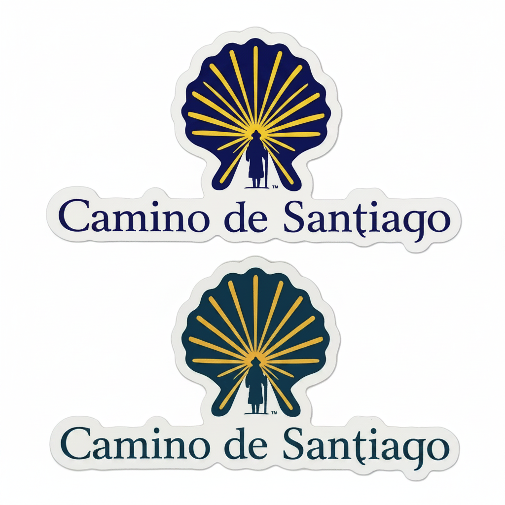 Two Camino de Santiago stickers, one with blue/yellow colorway and one with green/yellow colorway.