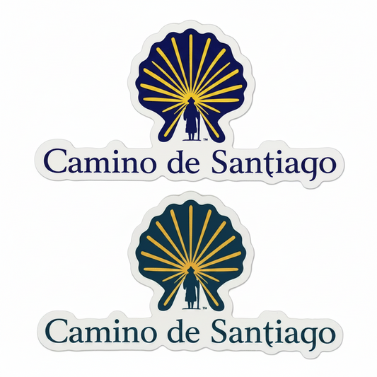 Two Camino de Santiago stickers, one with blue/yellow colorway and one with green/yellow colorway.