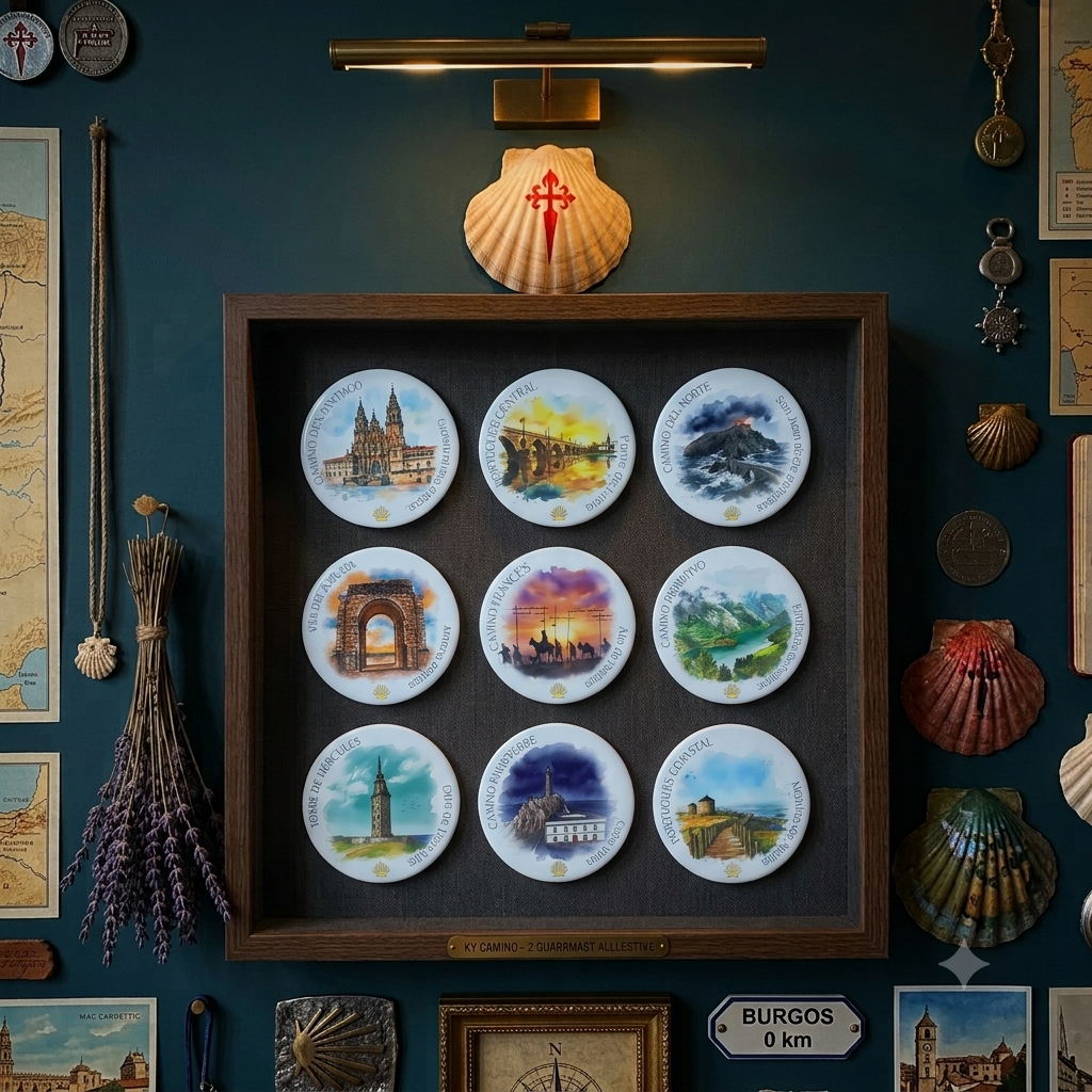 Nine Camino de Santiago ceramic coasters displayed in a wooden shadow box frame on a teal wall, surrounded by pilgrim keepsakes including scallop shells, a Camino map, and dried lavender