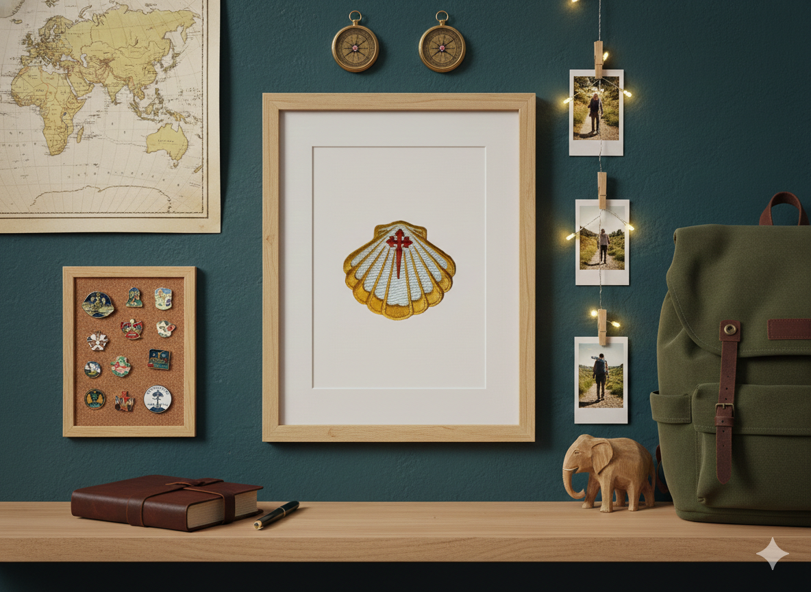 Scallop shell iron-on patch in a frame, displayed on a wall among travel mementos