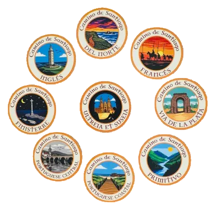 Nine Camino de Santiago retro-style vinyl stickers on a white background"