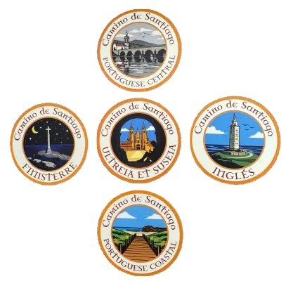 Five Camino de Santiago retro-style vinyl stickers on a white background